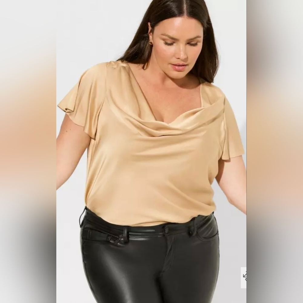 Torrid Gold Satin Cowl Neck Short Sleeve Blouse 1X 14 16